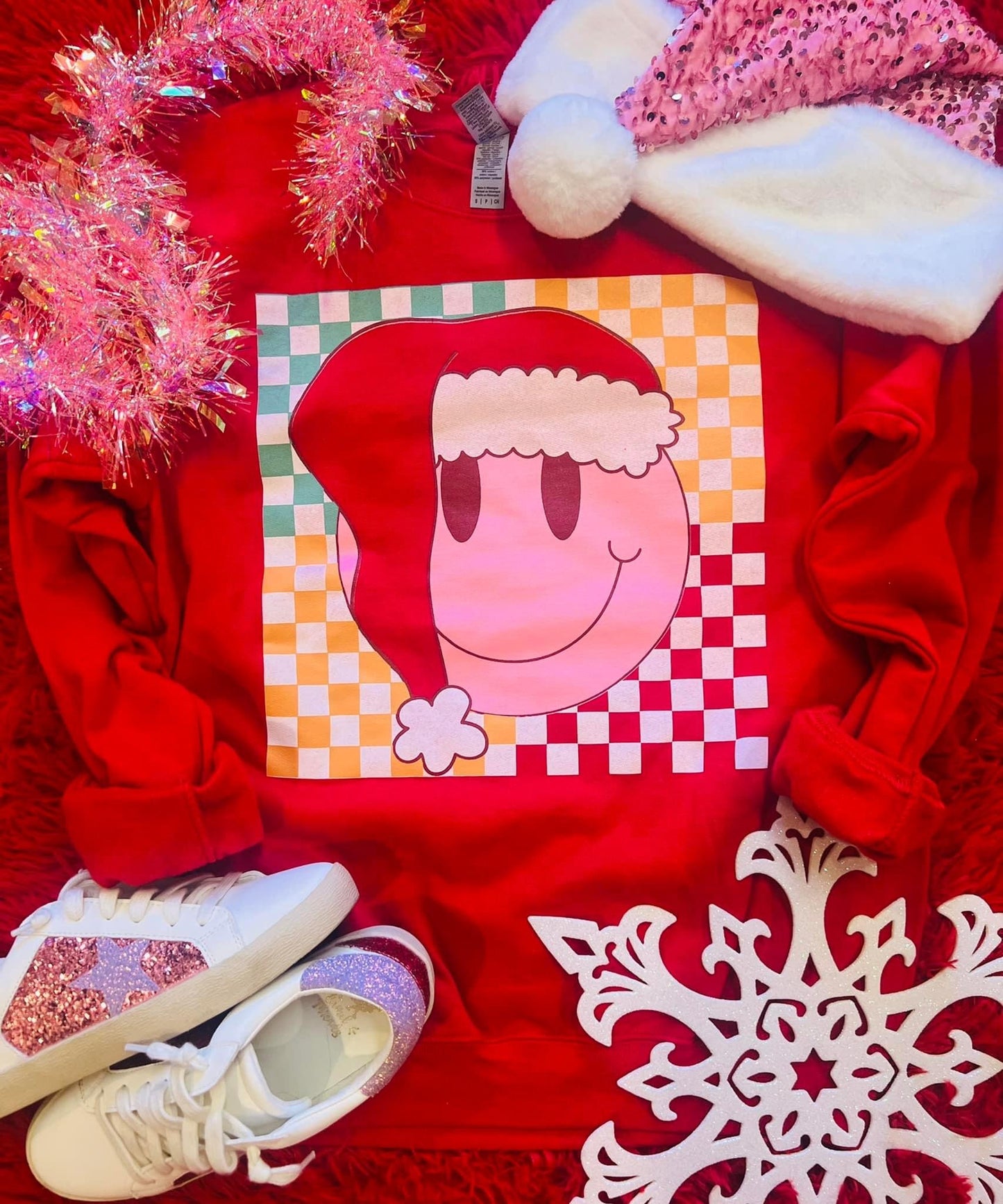 Checkered Santa Smiley Sweatshirt