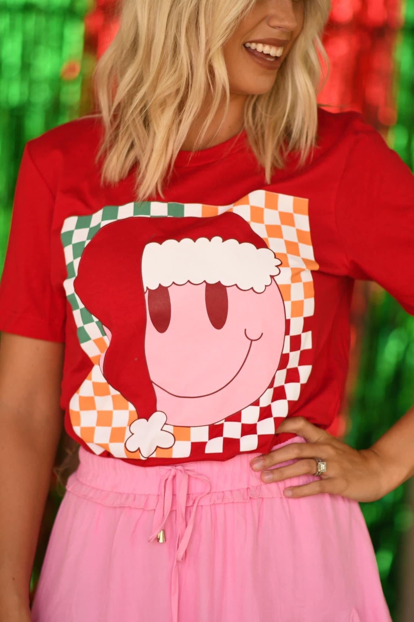 Checkered Santa Smiley T-shirt