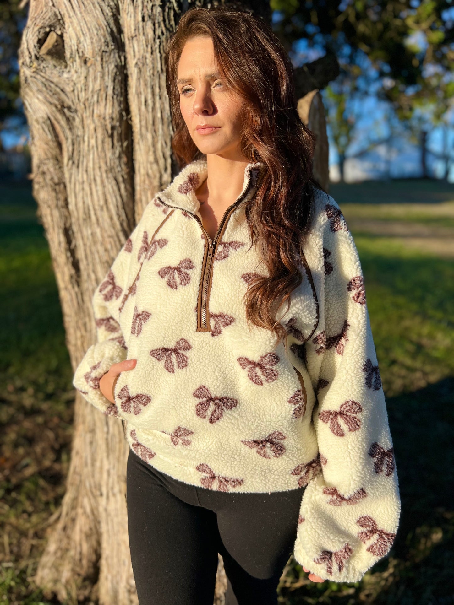 Neutral Baddie Bow Fleece Jacket